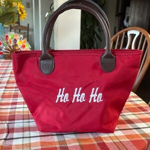 Festive Red Tote with Embroidered Text